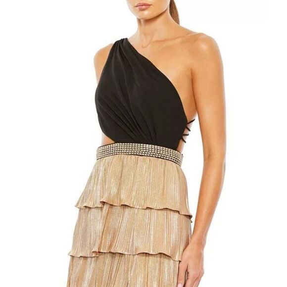Mac Duggal Women's Ieena Metallic One Shoulder Ruffle Tiered Gown NEW NWT - Picture 4 of 11